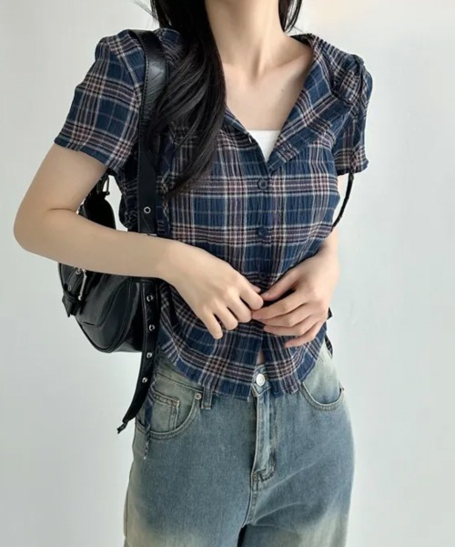 NANAHACHI(ナナハチ)の「フード付きチェック柄半袖シャツ(Tシャツ/カットソー・レディース・カーキ/ベージュ/ネイビー・FREE)」の4枚目の写真