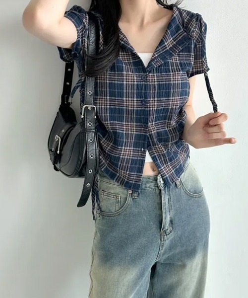 NANAHACHI(ナナハチ)の「フード付きチェック柄半袖シャツ(Tシャツ/カットソー・レディース・カーキ/ベージュ/ネイビー・FREE)」の5枚目の写真