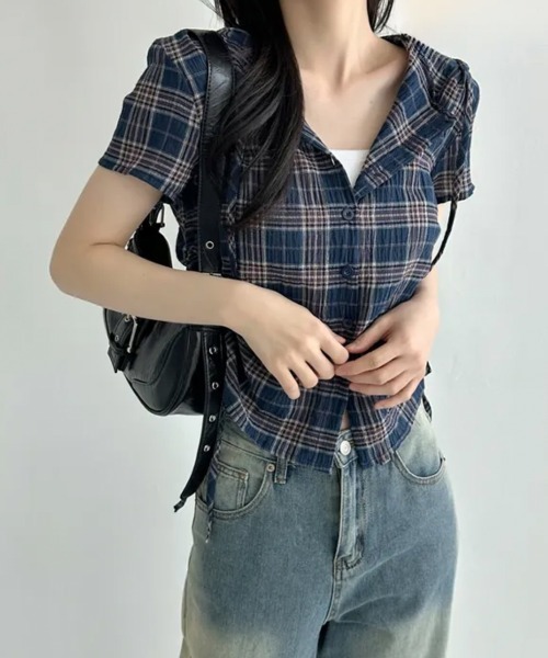 NANAHACHI(ナナハチ)の「フード付きチェック柄半袖シャツ(Tシャツ/カットソー・レディース・カーキ/ベージュ/ネイビー・FREE)」の6枚目の写真