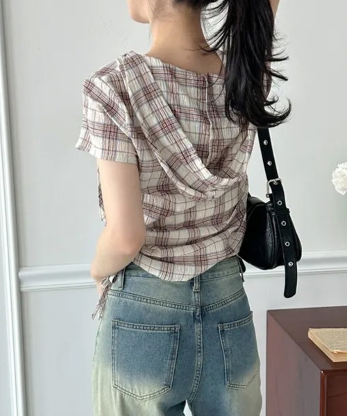 NANAHACHI(ナナハチ)の「フード付きチェック柄半袖シャツ(Tシャツ/カットソー・レディース・カーキ/ベージュ/ネイビー・FREE)」の11枚目の写真