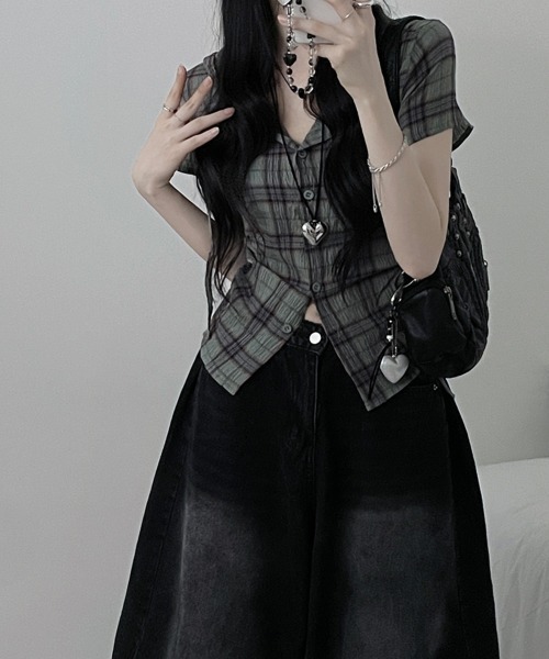 NANAHACHI(ナナハチ)の「フード付きチェック柄半袖シャツ(Tシャツ/カットソー・レディース・カーキ/ベージュ/ネイビー・FREE)」の15枚目の写真