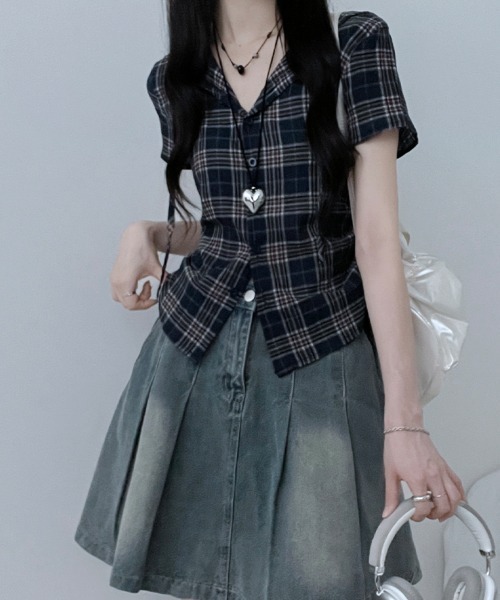NANAHACHI(ナナハチ)の「フード付きチェック柄半袖シャツ(Tシャツ/カットソー・レディース・カーキ/ベージュ/ネイビー・FREE)」の17枚目の写真