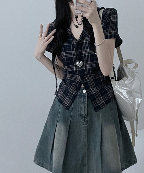 NANAHACHI(ナナハチ)の「フード付きチェック柄半袖シャツ(Tシャツ/カットソー・レディース・カーキ/ベージュ/ネイビー・FREE)」の18枚目の写真
