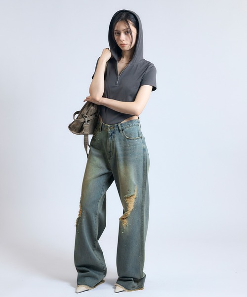 ACLENT（アクレント）の「ビジューダメージJ/Wデニムパンツ（デニム