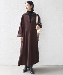 手洗い可能〉カッセン ギャザー ベルト付き 長袖 ワンピース