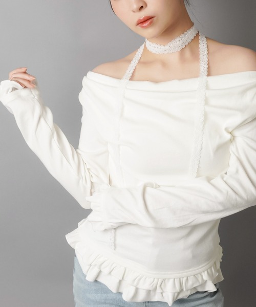 セール】【セットアイテム】タイ付き長袖ドレープカットソー/細