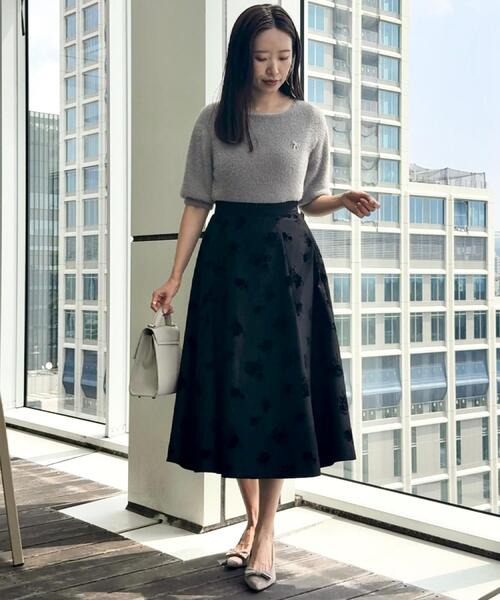 セール】【美シルエット・通勤】フロッキーフラワープリントスカート