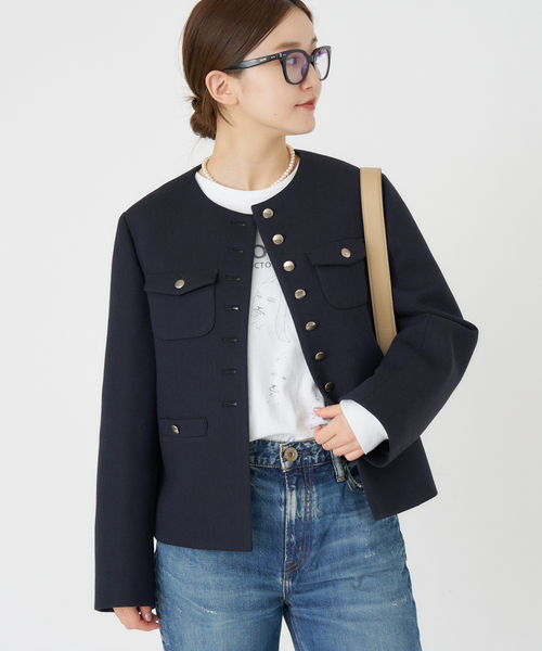 IENA イエナ PLツイル ジャケット ノーカラー ネイビー ゆったり IENA｜イエナのノーカラージャケット（レディース）の公式通販