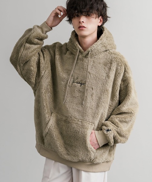 KANGOL（カンゴール）の「KANGOL カンゴール 別注コラボ ロゴ刺繍シャギーボアフリースプルオーバーパーカー（パーカー・メンズ・ブラウン/ベージュ/チャコール/ネイビー/オフホワイト/ブラック・M/L/XL）」の5枚目の写真