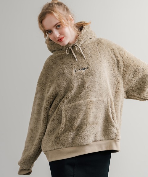 KANGOL（カンゴール）の「KANGOL カンゴール 別注コラボ ロゴ刺繍シャギーボアフリースプルオーバーパーカー（パーカー・メンズ・ブラウン/ベージュ/チャコール/ネイビー/オフホワイト/ブラック・M/L/XL）」の12枚目の写真