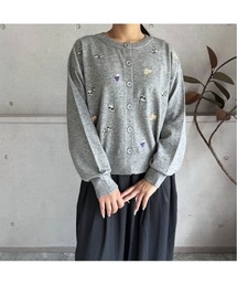 モチーフ刺繍 クルーネックニットカーディガン