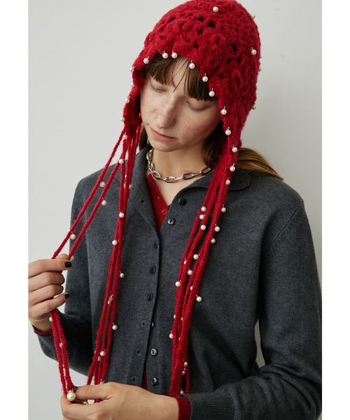 uyu.（ウユ）の「フリンジパールニットキャップ（ニットキャップ/ビーニー・レディース・ブラック/ブラウン/レッド/アイボリー・FREE）」の4枚目の写真