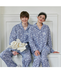 FOLI（ポリー）の「(ユニセックス) ロマンティックギンガム長袖/長ズボンパジャマセットブルー（ルームウェア/パジャマ・メンズ）」