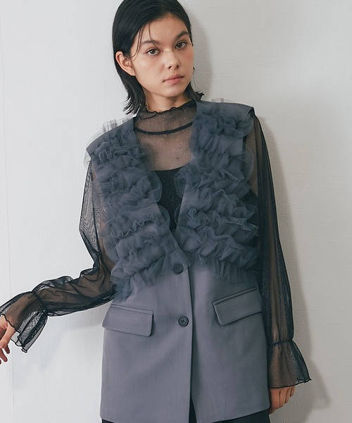 SMILE ORCHID(スマイルオーキッド)の「チュールジレ(ノーカラージャケット・レディース・グレー/ブラック・M)」の2枚目の写真