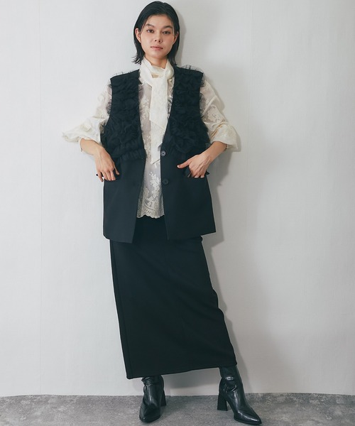 SMILE ORCHID(スマイルオーキッド)の「チュールジレ(ノーカラージャケット・レディース・グレー/ブラック・M)」の5枚目の写真