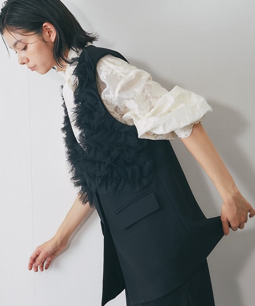 SMILE ORCHID(スマイルオーキッド)の「チュールジレ(ノーカラージャケット・レディース・グレー/ブラック・M)」の13枚目の写真