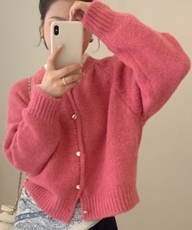 【厚手/クロップド丈/冬に嬉しいふんわり質感、愛されカラー】長袖ゴールドボタン差し色リブニットカーディガン レディース