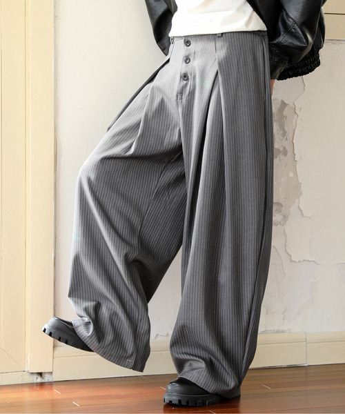 neos】ルーズシルエット バルーン カーブ ストライプ ツイード ワイド