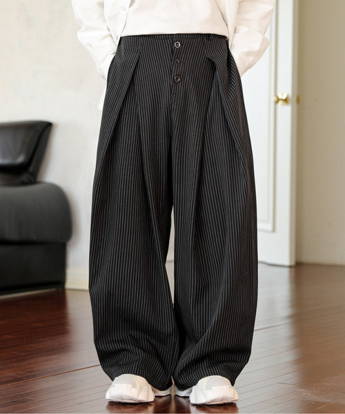 neos】ルーズシルエット バルーン カーブ ストライプ ツイード ワイド