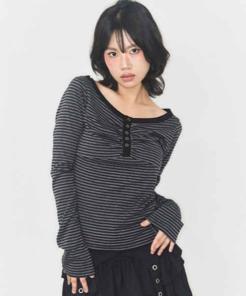 as you are(アズユーアー)の「◇ASYOUARE◇ブランド直輸入正規品/ストライプ スナップ ロング スリーブ STRIPE SNAP LONG SLEEVE(Tシャツ/カットソー・レディース・ブラウン/ブラック・FREE)」の4枚目の写真