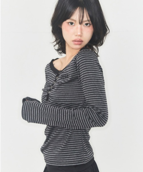 as you are(アズユーアー)の「◇ASYOUARE◇ブランド直輸入正規品/ストライプ スナップ ロング スリーブ STRIPE SNAP LONG SLEEVE(Tシャツ/カットソー・レディース・ブラウン/ブラック・FREE)」の14枚目の写真