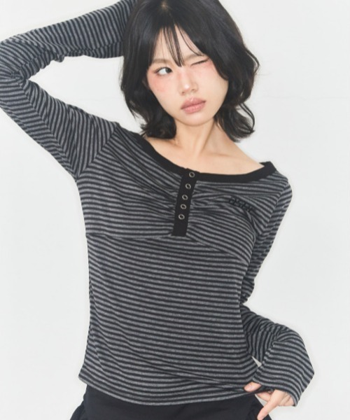 as you are(アズユーアー)の「◇ASYOUARE◇ブランド直輸入正規品/ストライプ スナップ ロング スリーブ STRIPE SNAP LONG SLEEVE(Tシャツ/カットソー・レディース・ブラウン/ブラック・FREE)」の15枚目の写真