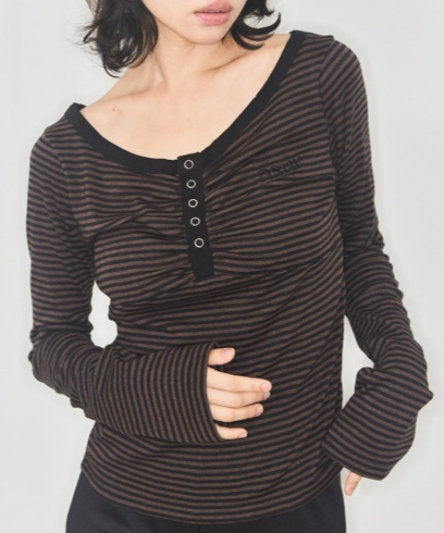 as you are(アズユーアー)の「◇ASYOUARE◇ブランド直輸入正規品/ストライプ スナップ ロング スリーブ STRIPE SNAP LONG SLEEVE(Tシャツ/カットソー・レディース・ブラウン/ブラック・FREE)」の19枚目の写真