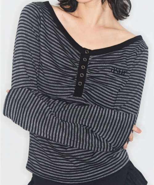 as you are(アズユーアー)の「◇ASYOUARE◇ブランド直輸入正規品/ストライプ スナップ ロング スリーブ STRIPE SNAP LONG SLEEVE(Tシャツ/カットソー・レディース・ブラウン/ブラック・FREE)」の3枚目の写真