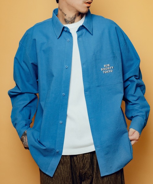 Subciety(サブサエティ)の「Seersucker shirt(シャツ/ブラウス・メンズ・ブルー/ホワイト/ブラック・SMALL/MEDIUM/LARGE/X-LARGE)」の1枚目の写真