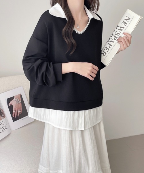 ABITOKYO（アビトーキョー）の「異素材シャツ襟レイヤード風スウェットプルオーバー（スウェット・レディース・ブラック/グレー/ボルドー・FREE）」の7枚目の写真