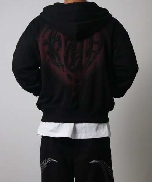 NYLAUS(ナイラス)の「【NYS】ハートロゴ グランジ ヴィンテージライク ジップパーカー ダブルジップ ショート丈 スプレー加工 ユニセックス(パーカー・メンズ・グレー/ブラック・L/M)」の17枚目の写真