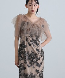 ロング&袖あり フォーマル レイヤード チュール Iライン フラワー 刺繍レース セレモニー 結婚式 二次会 パーティー ドレス オケージョンドレス お呼ばれ 同窓会 成人式