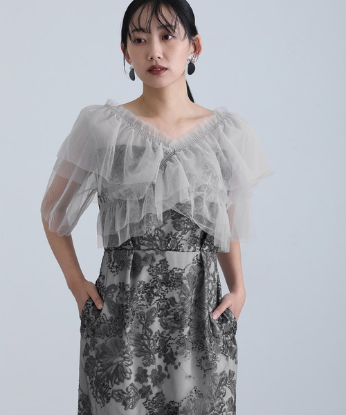 atlo(アトロ)の「ロング&袖あり フォーマル レイヤード チュール Iライン フラワー 刺繍レース セレモニー 結婚式 二次会 パーティー ドレス オケージョンドレス お呼ばれ 同窓会 成人式 (ドレス・レディース・ブラック/グレー/ベージュ・M)」の20枚目の写真
