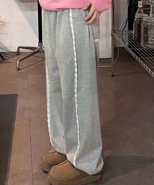 セール】裾ドロスト レースサイドラインスウェットパンツ（スウェット
