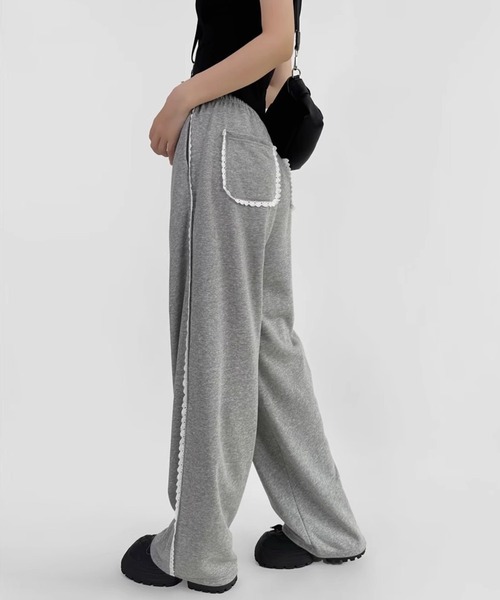 セール】裾ドロスト レースサイドラインスウェットパンツ（スウェット