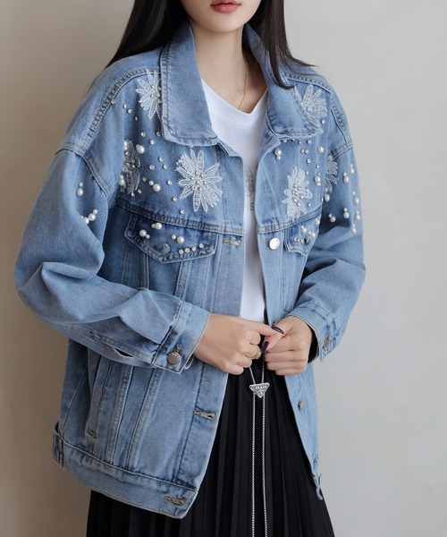 ★ デニムジャケット パールビュジュー スマイル ギャザー COOLA新品未使用 パールビジュ付きデニムジャケット（テーラードジャケット