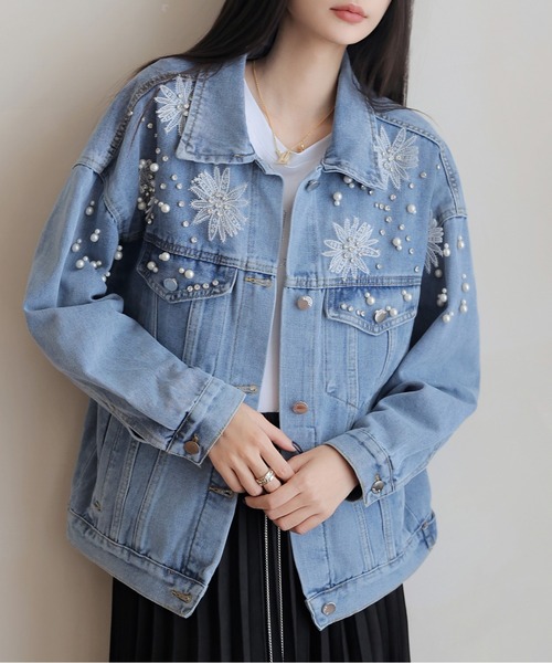 パールビジュ付きデニムジャケット（テーラードジャケット