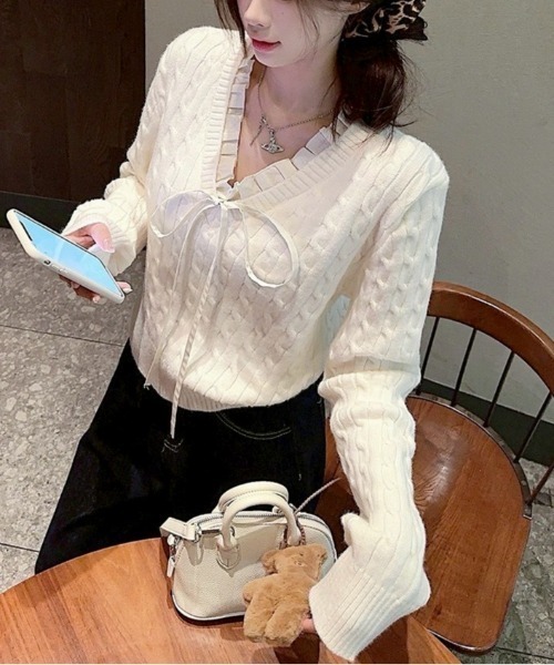 Mayree（メイリー）の「【LAMPOON】レイヤードケーブルニット（ニット/セーター・レディース・ネイビー/ホワイト・FREE）」の3枚目の写真