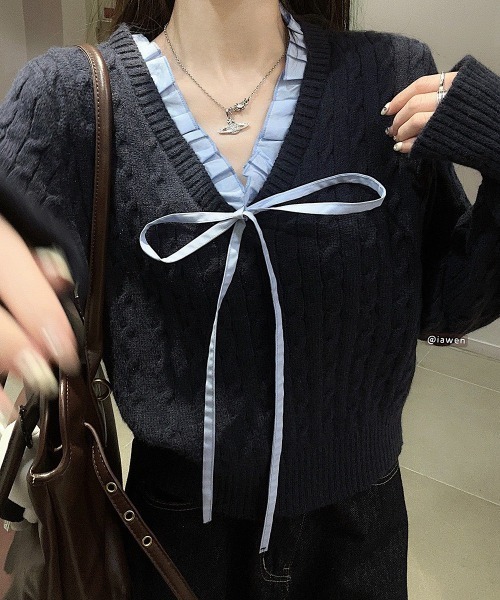 Mayree（メイリー）の「【LAMPOON】レイヤードケーブルニット（ニット/セーター・レディース・ネイビー/ホワイト・FREE）」の5枚目の写真