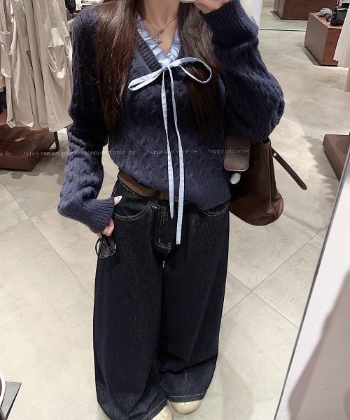 Mayree（メイリー）の「【LAMPOON】レイヤードケーブルニット（ニット/セーター・レディース・ネイビー/ホワイト・FREE）」の6枚目の写真