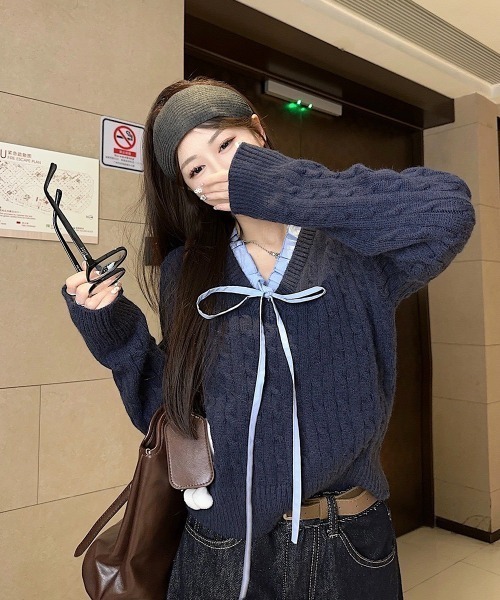 Mayree（メイリー）の「【LAMPOON】レイヤードケーブルニット（ニット/セーター・レディース・ネイビー/ホワイト・FREE）」の12枚目の写真