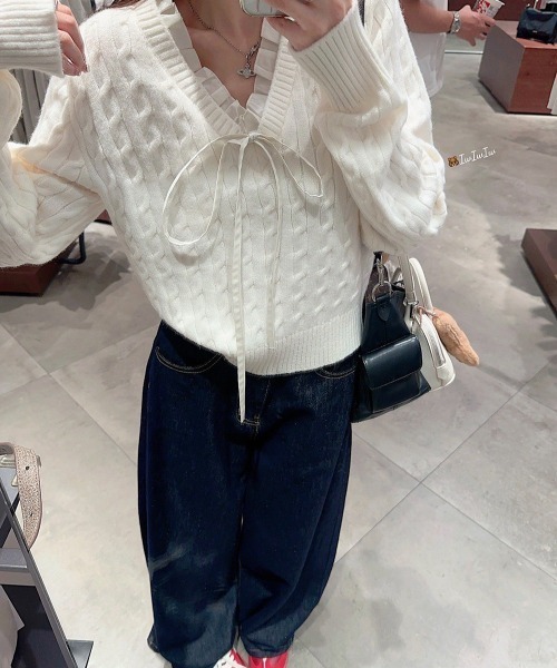 Mayree（メイリー）の「【LAMPOON】レイヤードケーブルニット（ニット/セーター・レディース・ネイビー/ホワイト・FREE）」の13枚目の写真