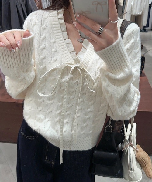 Mayree（メイリー）の「【LAMPOON】レイヤードケーブルニット（ニット/セーター・レディース・ネイビー/ホワイト・FREE）」の14枚目の写真