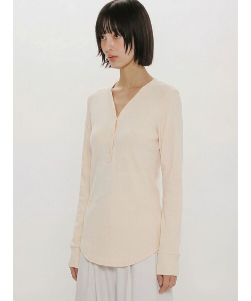 MIDIUMISOLID(ミディウミソリッド)の「MIDIUMISOLID for Ladies リブヘンリーネックプルオーバー(Tシャツ/カットソー・レディース・ブラック/ライトグレー/キナリ・FREE)」の1枚目の写真