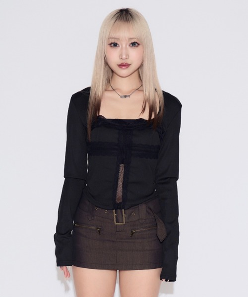 tinkerend(ティンカーエンド)の「Cross Whisper Lace Top / クロスウィスパーレーストップ(Tシャツ/カットソー・レディース・ブラック/ホワイト・FREE)」の11枚目の写真