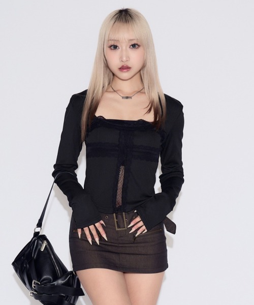 tinkerend(ティンカーエンド)の「Cross Whisper Lace Top / クロスウィスパーレーストップ(Tシャツ/カットソー・レディース・ブラック/ホワイト・FREE)」の12枚目の写真