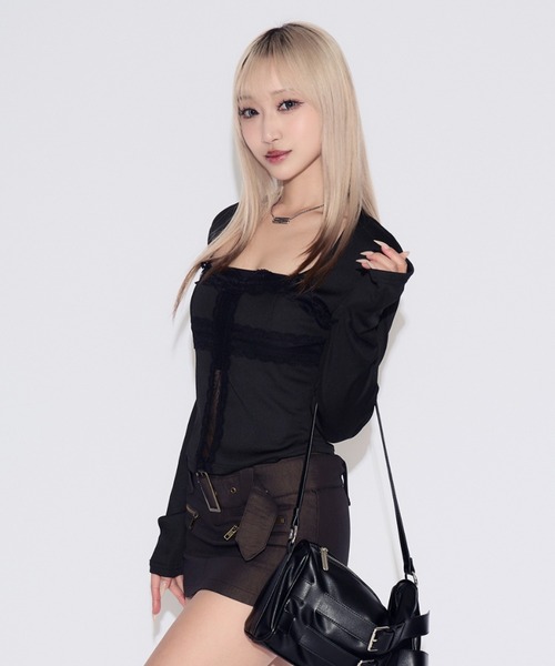tinkerend(ティンカーエンド)の「Cross Whisper Lace Top / クロスウィスパーレーストップ(Tシャツ/カットソー・レディース・ブラック/ホワイト・FREE)」の13枚目の写真