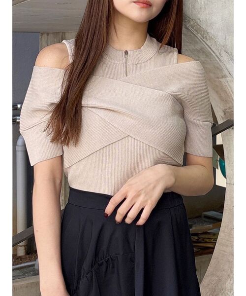 MURUA（ムルーア）の「ZIPカシュクールハーフニット（ニット/セーター・レディース・ブラック/ベージュ/ブルー/ダークオレンジ・FREE）」の3枚目の写真