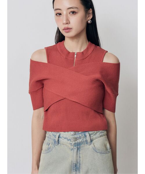 MURUA（ムルーア）の「ZIPカシュクールハーフニット（ニット/セーター・レディース・ブラック/ベージュ/ブルー/ダークオレンジ・FREE）」の4枚目の写真