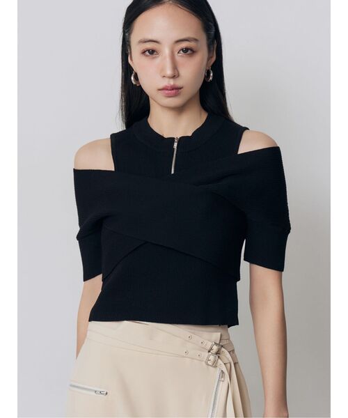 MURUA（ムルーア）の「ZIPカシュクールハーフニット（ニット/セーター・レディース・ブラック/ベージュ/ブルー/ダークオレンジ・FREE）」の2枚目の写真